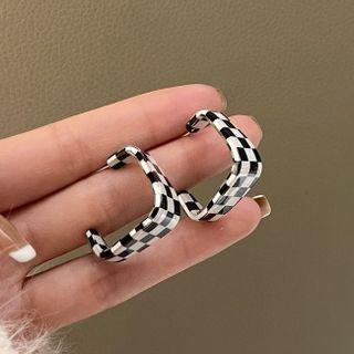 Checker Resin Open Hoop Earring 1 Pair - S925 Silver - Check - Black & White - One Size