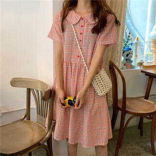 Short-sleeve Peter Pan Collar Plaid Dress As Shown In Figure - One Size