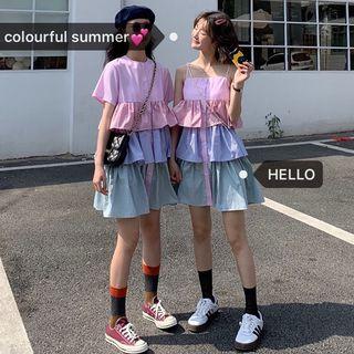 Striped Color Block Suspender / Short-sleeve Dress