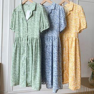 Short-sleeve Single-breasted Floral Dress