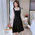 Mock Two-piece Long-sleeve V-neck Ruched Panel Chiffon Dress