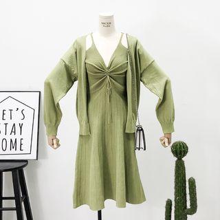 Set: Sleeveless Knotted A-line Dress + Open-front Cardigan