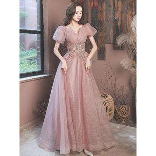Puff-sleeve Rhinestone Floral A-line Evening Gown