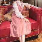 Set: Puff-sleeve Blouse + Lace Trim Pinafore Dress