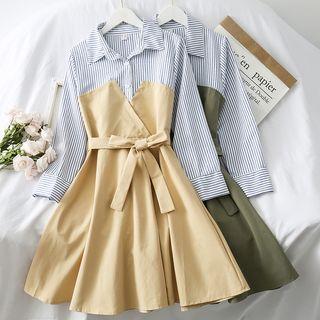 Mock Two-piece Colorblock Shirtdress With Sash