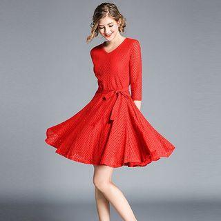 Perforated 3/4 Sleeve A-line Dress