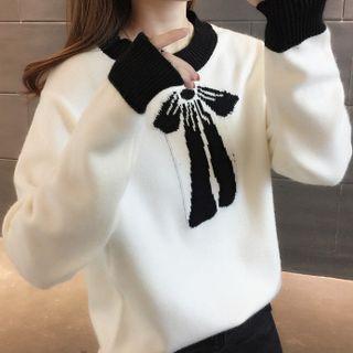 Contrast Trim Bow Jacquard Sweater