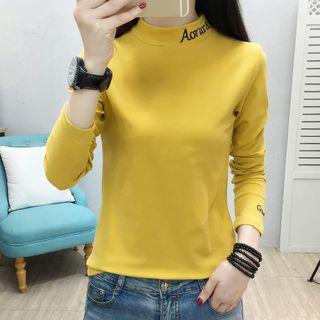 Mock-turtleneck Letter Embroidered Long-sleeve T-shirt