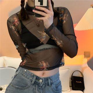 Long-sleeve Floral Print Mesh Top Black - One Size