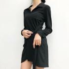 Tie-waist Long-sleeve Mini Polo Shirt Dress