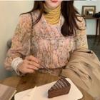 Mock-turtleneck Long-sleeve Top / Shawl-collar Coat / Long-sleeve Shirred Floral Print Midi A-line Dress