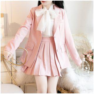 Set: Lapel Collar Plain Blazer + Pleated Skirt + Bow-accent Chiffon Blouse