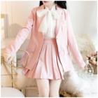 Set: Lapel Collar Plain Blazer + Pleated Skirt + Bow-accent Chiffon Blouse
