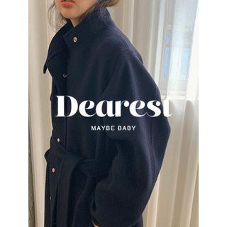 Snap-button Wool Blend Long Coat With Sash Navy Blue - One Size