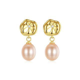 Sterling Silver Plated Gold Simple Fashion Flower Earrings With Pink Freshwater Pearls Golden - One Size