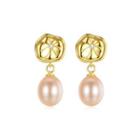 Sterling Silver Plated Gold Simple Fashion Flower Earrings With Pink Freshwater Pearls Golden - One Size