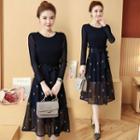 Set: Long-sleeve Sheath Dress + Patterned Skirt