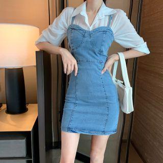 Plain Shirt / Spaghetti Strap Denim Mini Sheath Dress