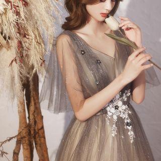 Flared-sleeve Glitter A-line Evening Gown
