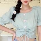 Puff Sleeve Square Neck Drawstring Cropped Top
