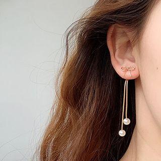 Alloy Bow Faux Pearl Fringed Earring 1 Pair - Earring - Bow - Tassel & Faux Pearl - One Size