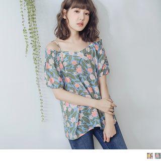 Off Shoulder Short Sleeve Print Top