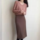 V-neck Long-sleeve Knit Top / Midi Straight-fit Skirt