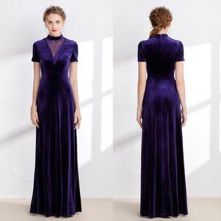 Mock Neck Short Sleeve Velvet Evening Gown