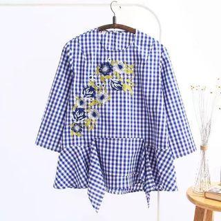 3/4-sleeve Embroidered Check Ruffle Top