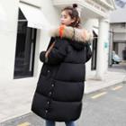 Lettering Furry-trim Hooded Padded Parka