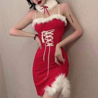 Spaghetti Strap Fluffy Lace Up Mini Bodycon Dress