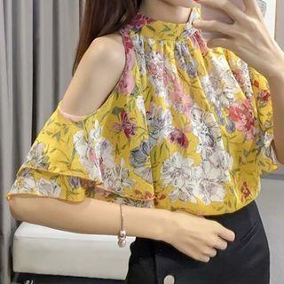 Floral Print Open Shoulder Short-sleeve Top