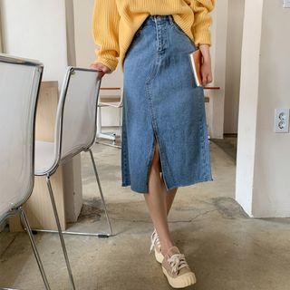 Slit-front A-line Midi Denim Skirt