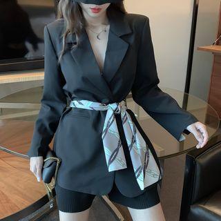 Long-sleeve Plain Blazer With Printed Neckerchief