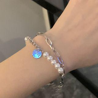 Faux Pearl Layered Alloy Bracelet Silver - One Size