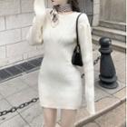 Long-sleeve Plain Knit Mini Dress Almond - One Size