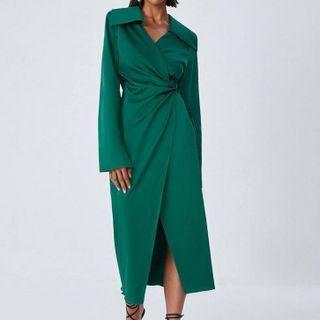 Long Sleeve Collar V-neck Slit Midi Dress