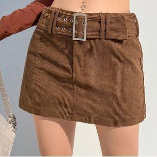 Belted Mini Fitted Corduroy Skirt