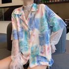 Printed Short Sleeve Blouse / Lace Sheer Long Sleeve Top