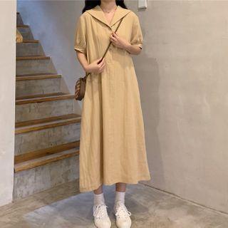 Short-sleeve V-neck Midi A-line Dress Khaki - One Size