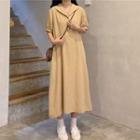 Short-sleeve V-neck Midi A-line Dress Khaki - One Size