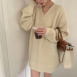 Oversized Plain V-neck Long-sleeve Sweater