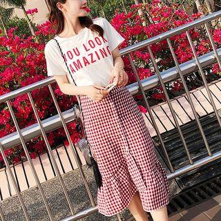Set: Short-sleeve Lettering T-shirt + Plaid Asymmetrical Midi Skirt