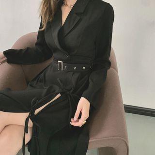 Set: Belt + Long-sleeve Side-slit Midi Collared Dress