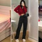 Cropped Heart Embroidered Cardigan / Plaid Wide Leg Pants