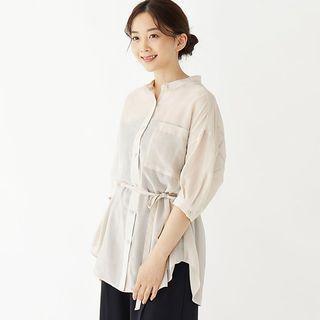 Elbow-sleeve Plain Sheer Lace Up Blouse