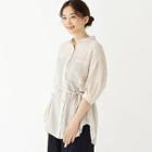 Elbow-sleeve Plain Sheer Lace Up Blouse