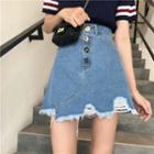Short-sleeve Knit Polo Shirt / Denim A-line Mini Skirt