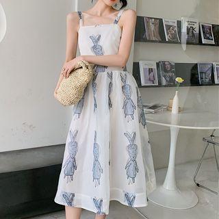 Spaghetti Strap Rabbit Print Midi Dress