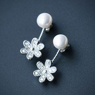 925 Sterling Silver Faux Pearl Rhinestone Swing Earrings